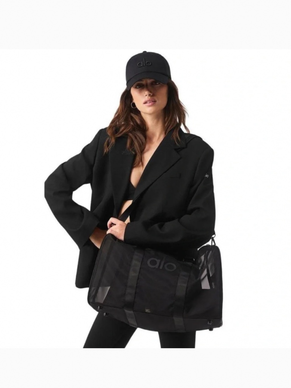 ALO Yoga mesh bag logo duffle bag weekender new straps crossbody black nwt gym - Picture 2 of 4